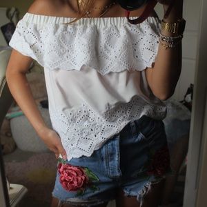 White ruffle crochet off the shoulder crop top